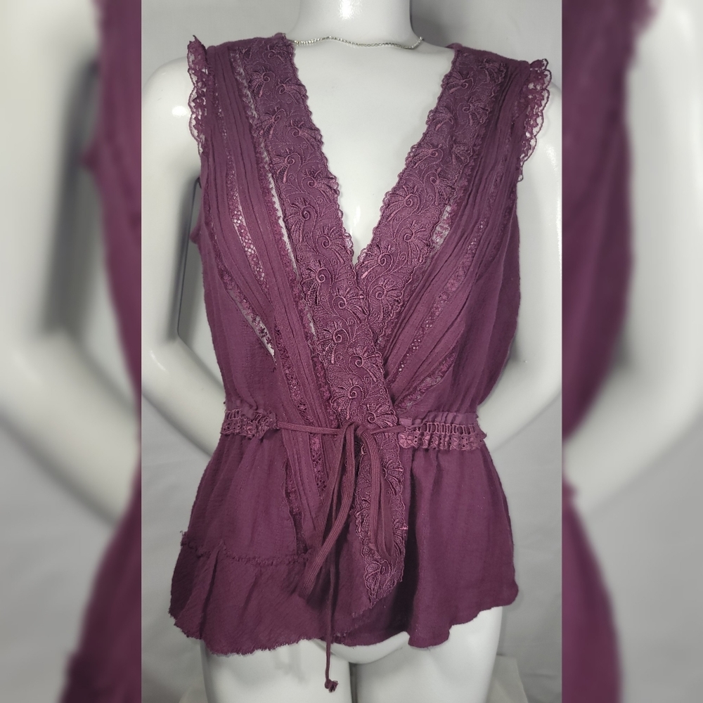 Free People Lace Trim Wrap Vneck Sleeveless Blouse